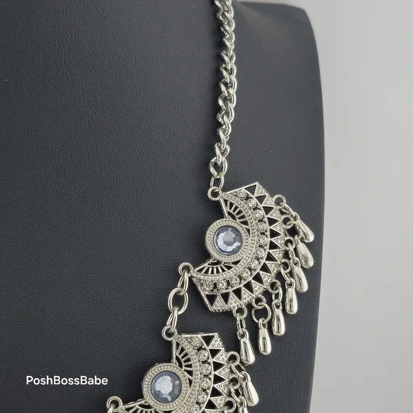 Boho Statement Necklace with Silver-Tone Crescent Medallions – 20-23" Length - Picture 6 of 12